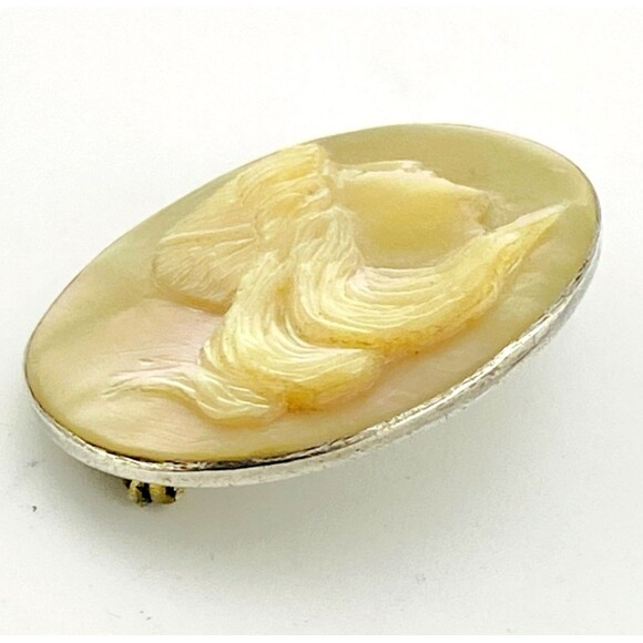 Fabulous Mother of Pearl Cameo Sterling Silver Brooch Pin Antique Victorian - Picture 6 of 7